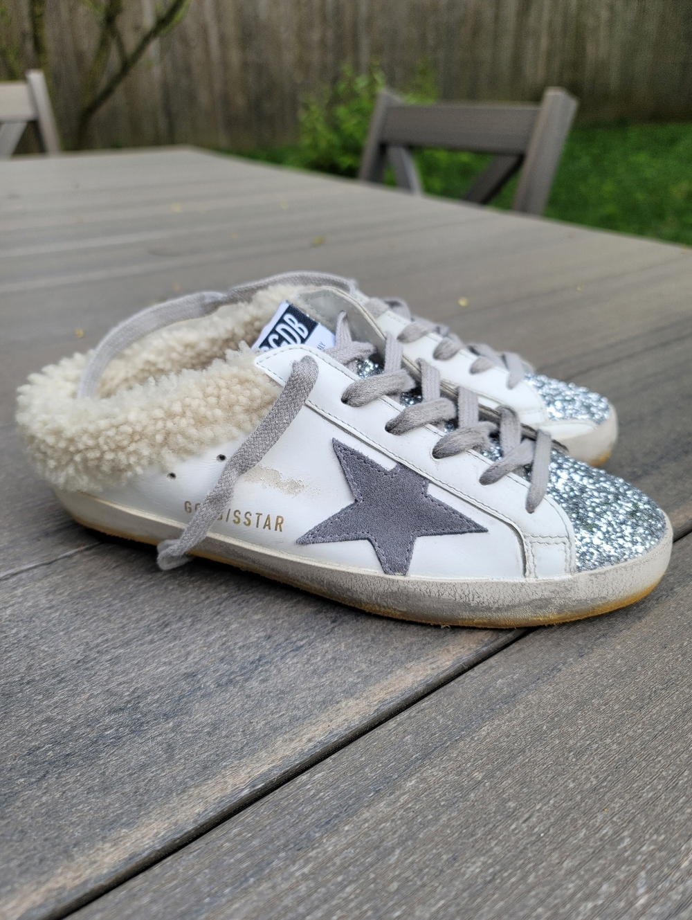 Golden Goose Super-Star Sabot Mule Sneaker White Silver Glitter Size 37 NWB